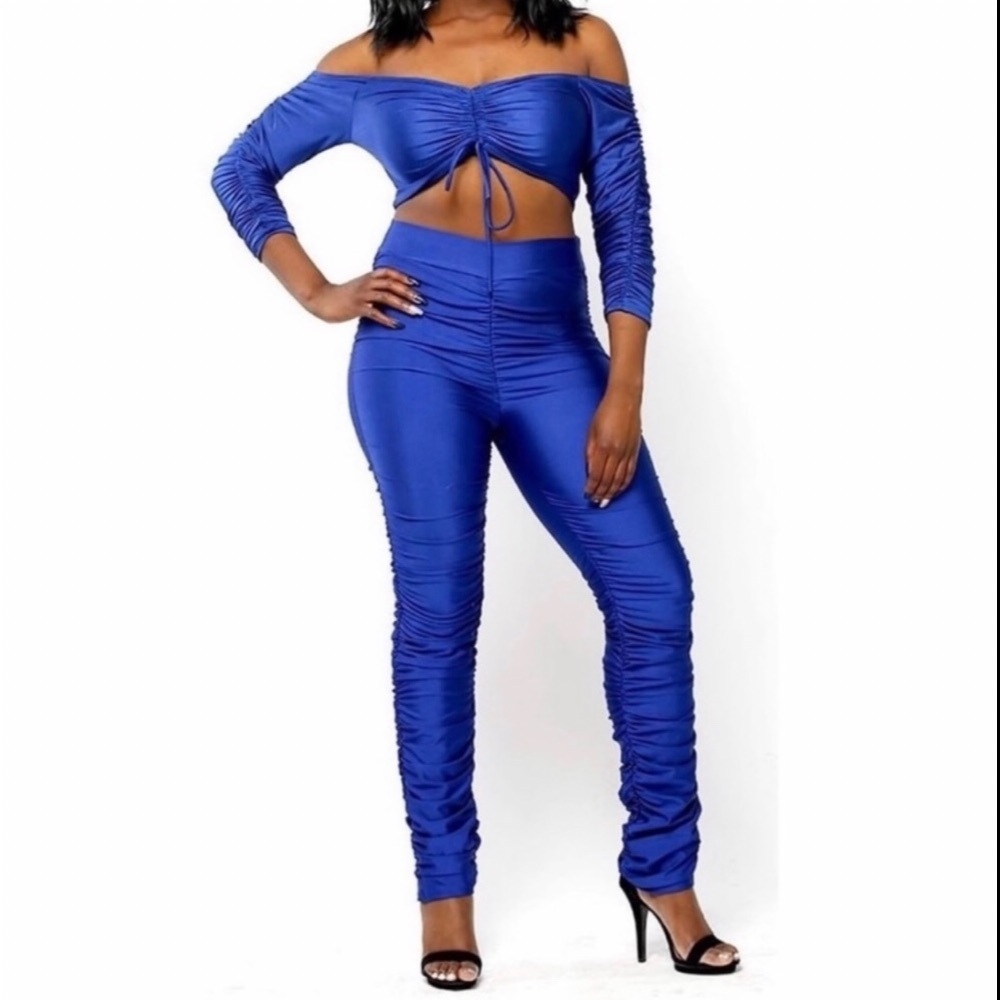 Royal Blue Two Piece Off Shoulder Cinched Front Crop Top and Leggings Set